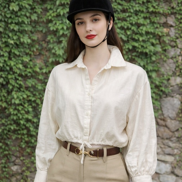DREW Tops - DREW Tan Button Front Quiet Luxury Drawstring Cropped Blouse, S